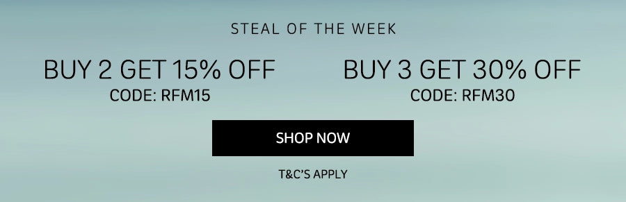 Promotional banner with discount offers and a 'Shop Now' button on a light blue background.