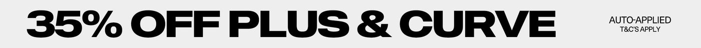 Promotional text indicating 35% off for 'Plus & Curve' products with a black background.