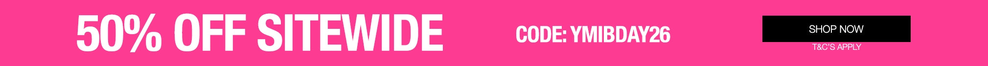 Promotional banner with '50% Off Sitewide' text and a code on a pink background