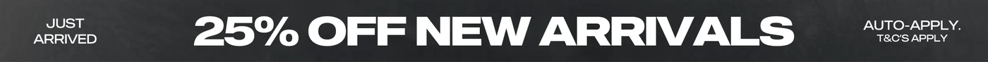 Promotional banner with 'Just Arrived' text and 25% off new arrivals offer.