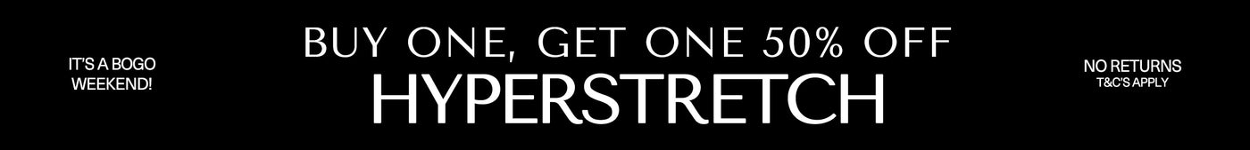 Promotional banner for 'Hyperstretch' with a buy one, get one 50% off offer.