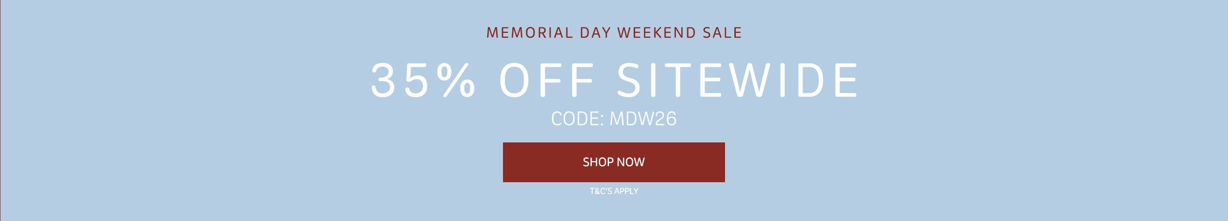 Memorial Day weekend sale banner with 35% off sitewide offer on a light blue background.
