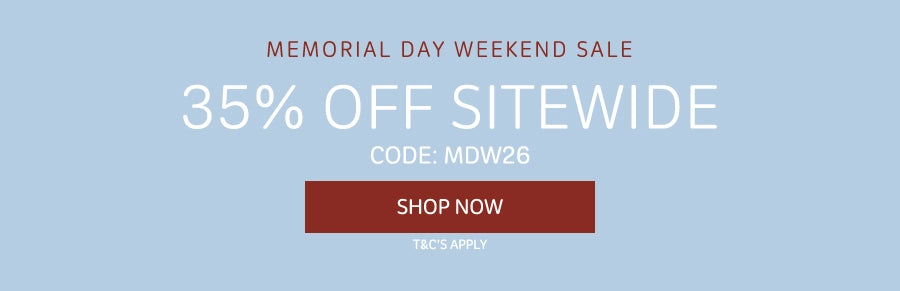 Memorial Day Weekend sale banner with 35% off sitewide offer on a light blue background.