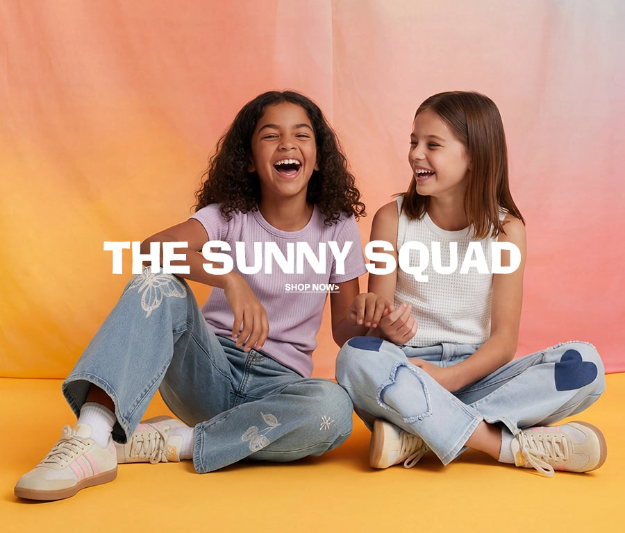 Two children sitting on a gradient background with 'The Sunny Squad' text overlay.