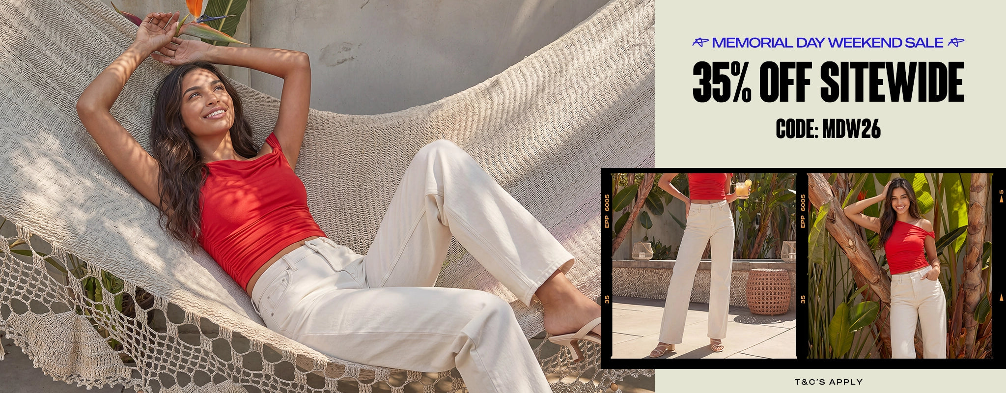 Woman relaxing in a hammock with promotional text for a Memorial Day sale.