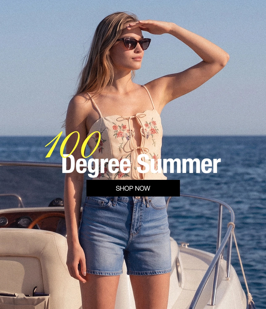 A woman stands on a boat wearing a beige floral camisole and denim shorts, with ocean water and sky behind her. Large text reads '100 Degree Summer' with a 'SHOP NOW' button overlay.