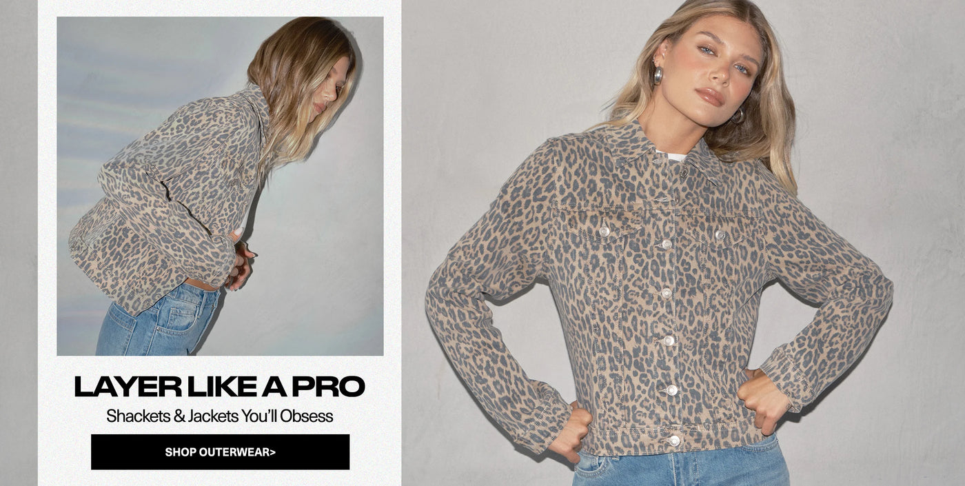 Woman wearing a leopard print jacket with text promoting outerwear.