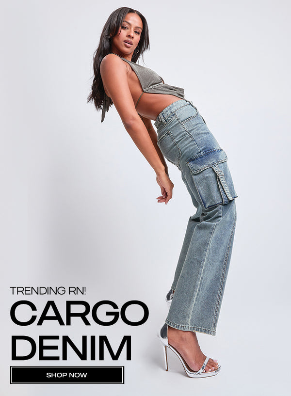 Model featuring cargo denim in a medium wash 