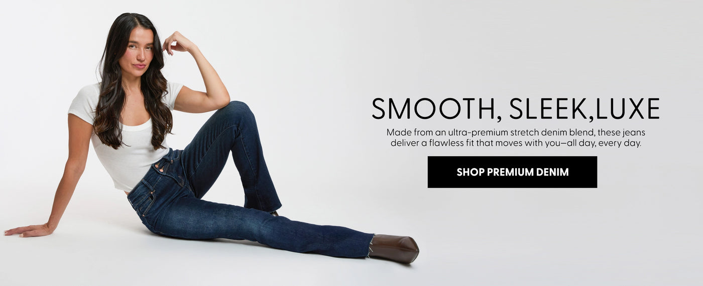 Woman wearing jeans with promotional text on a white background