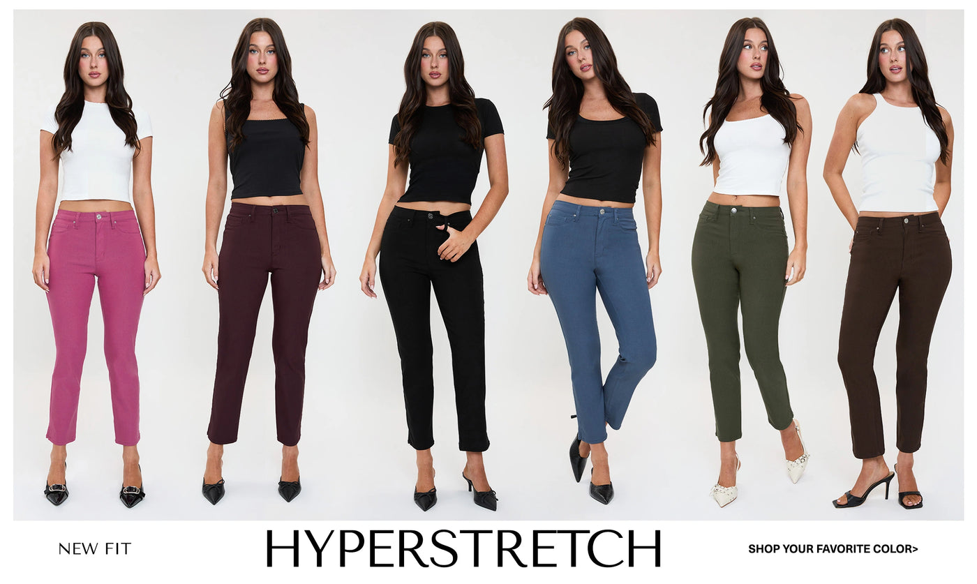 Model wearing Hyperstretch jeans in various colors on a white background