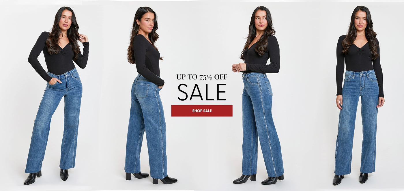 Woman wearing blue jeans with a sale banner on a white background