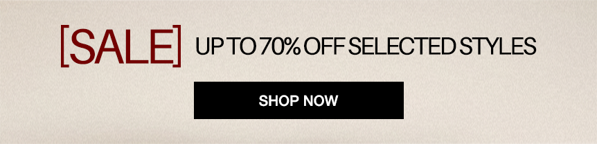 Promotional banner with the text '[SALE] UP TO 70% OFF SELECTED STYLES' in dark red and black on a light beige textured background, with a black 'SHOP NOW' button below.