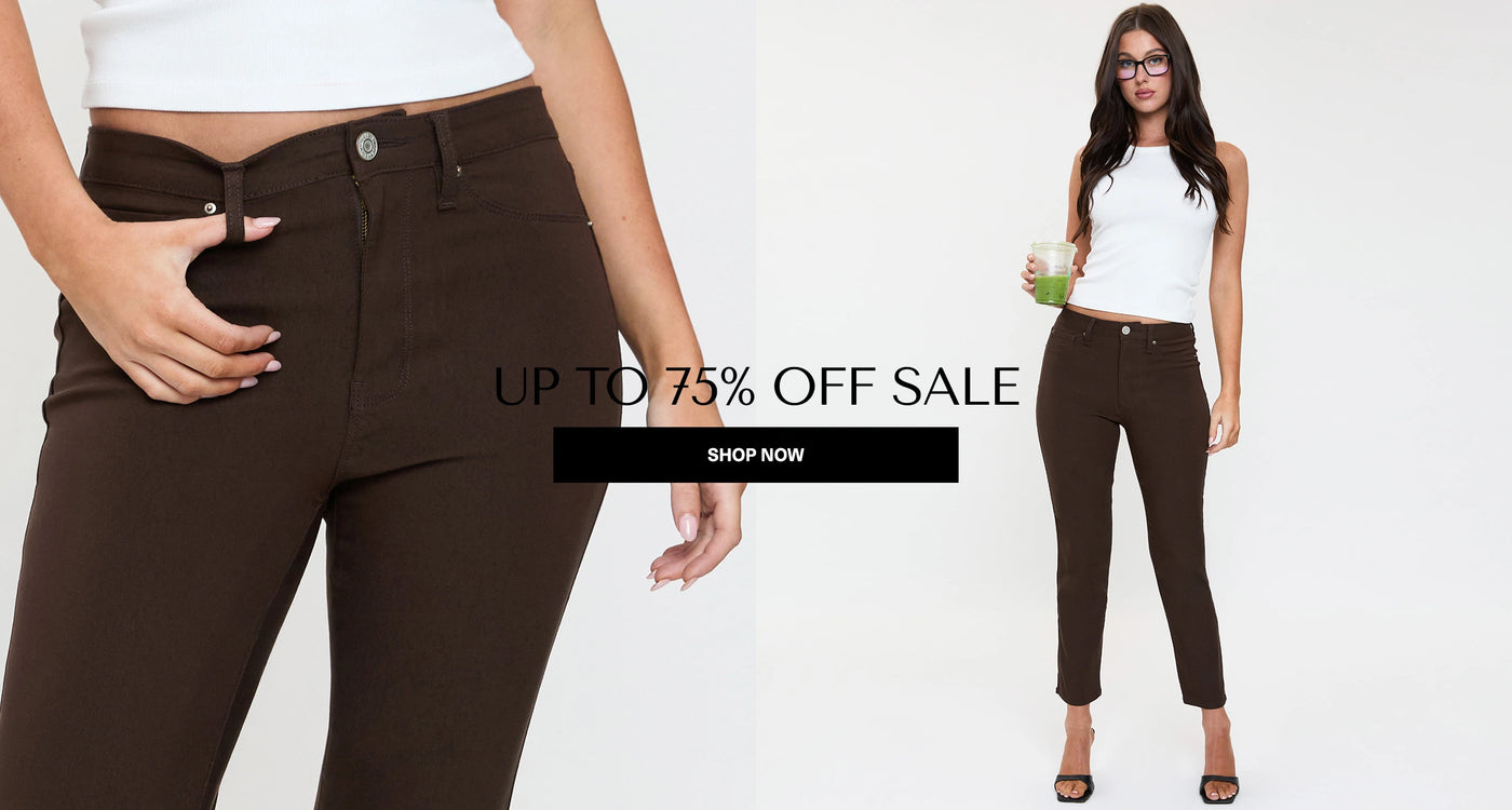 Brown pants on a model with promotional text for sale on a white background