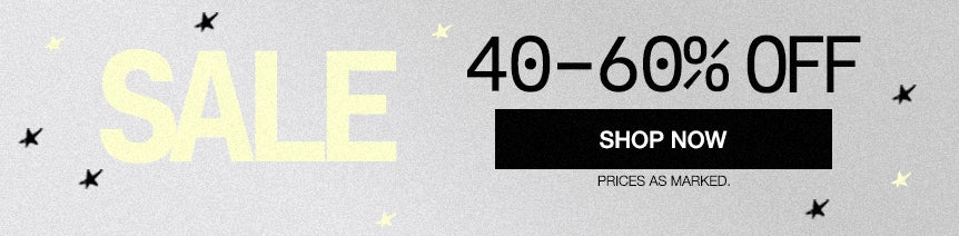 A promotional sale banner with the word SALE in large pale yellow letters, black text reading 40-60% OFF, a black SHOP NOW button, and small star icons on a light gray background.