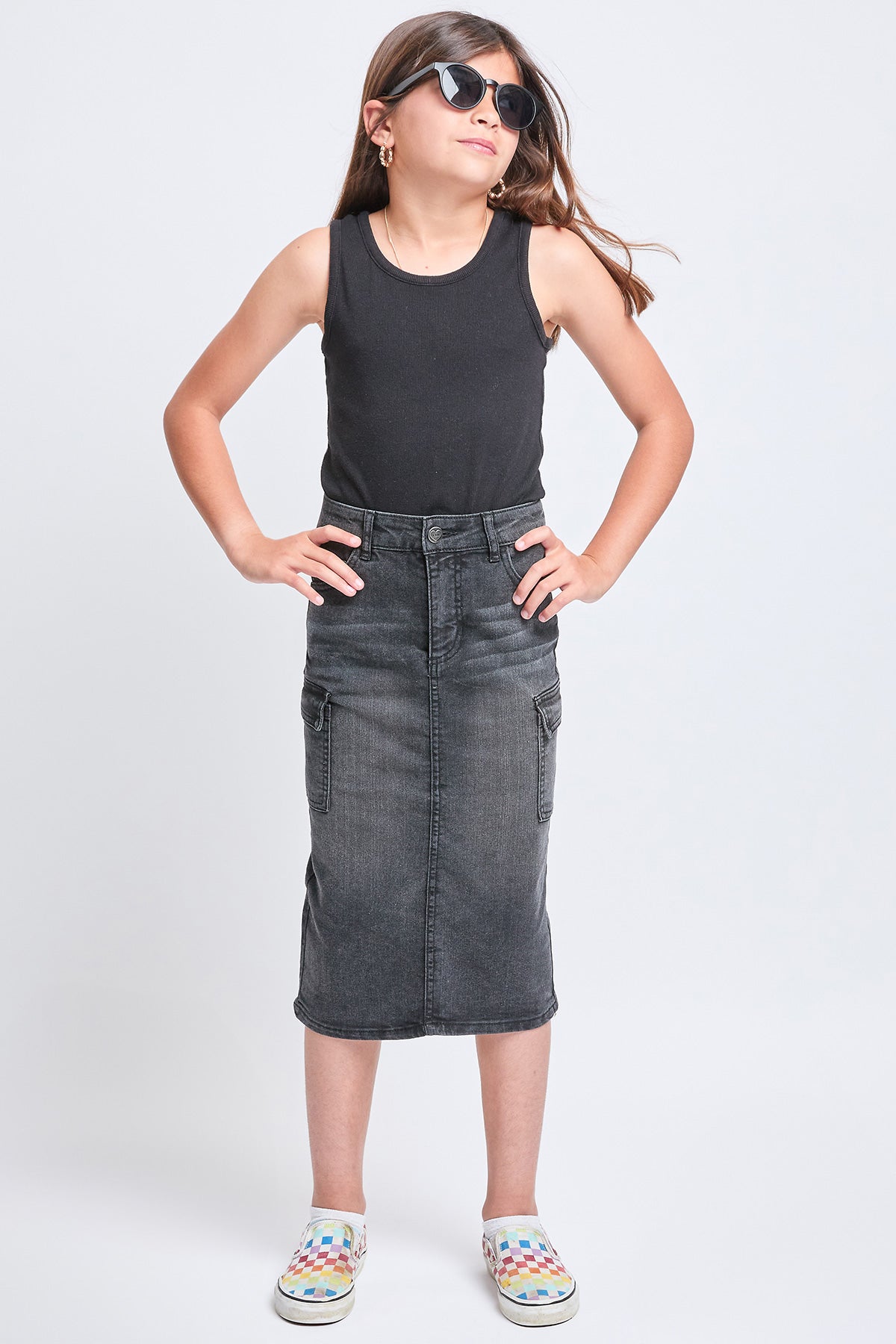Girls Denim Long Cargo Clean Hem Skirt