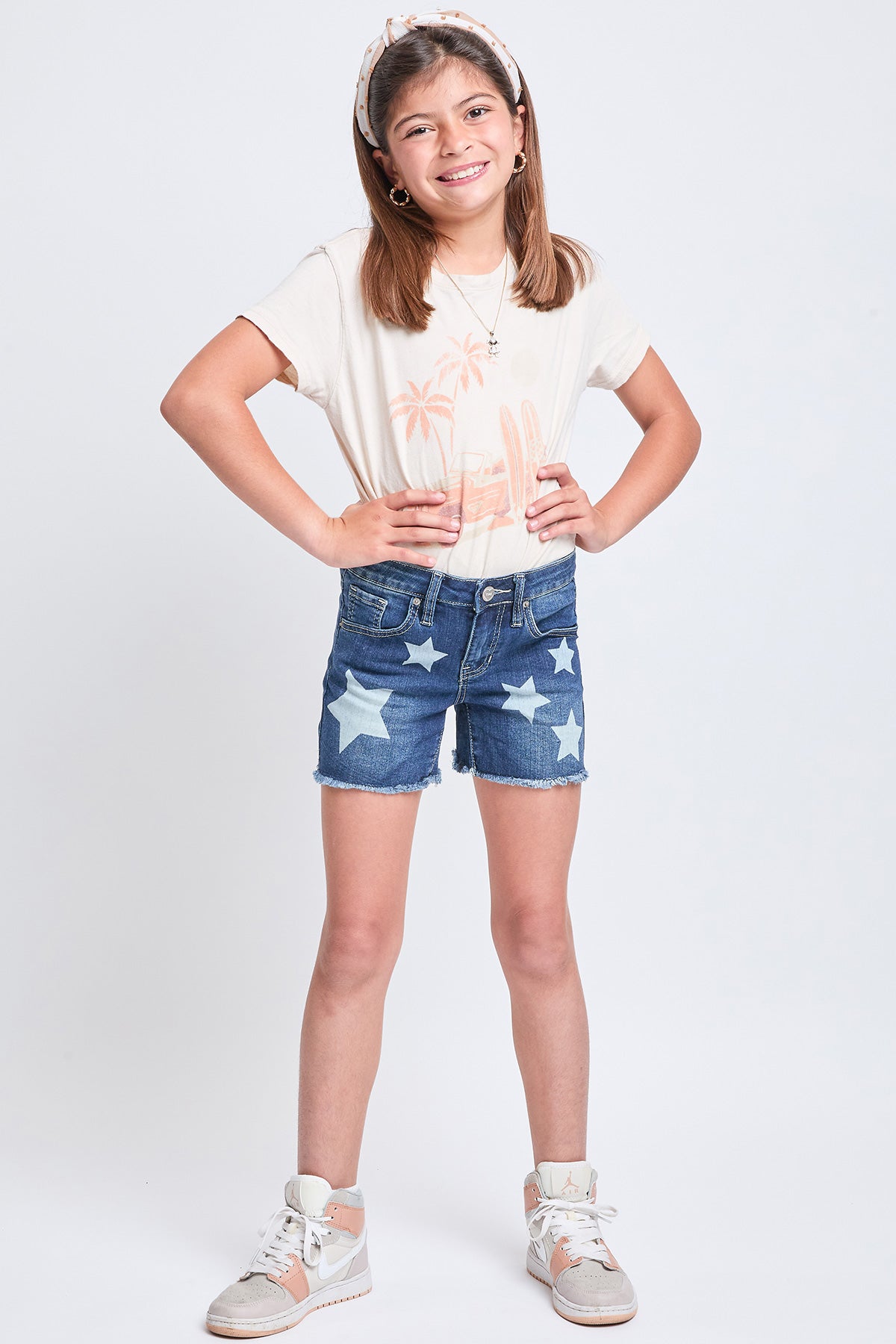 Girls Star Print Fray Hem Shorts