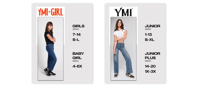 size infographic for YMI girls and YMI Junior detailing denim sizes