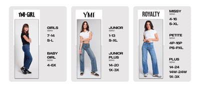 Three clothing size charts labeled 'YMI-Girl', 'YMI', and 'Royalty' with models wearing jeans and shirts.