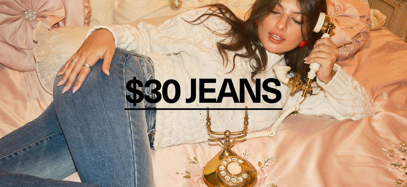 $30 jeans website banner featuring our new model wearing WBB