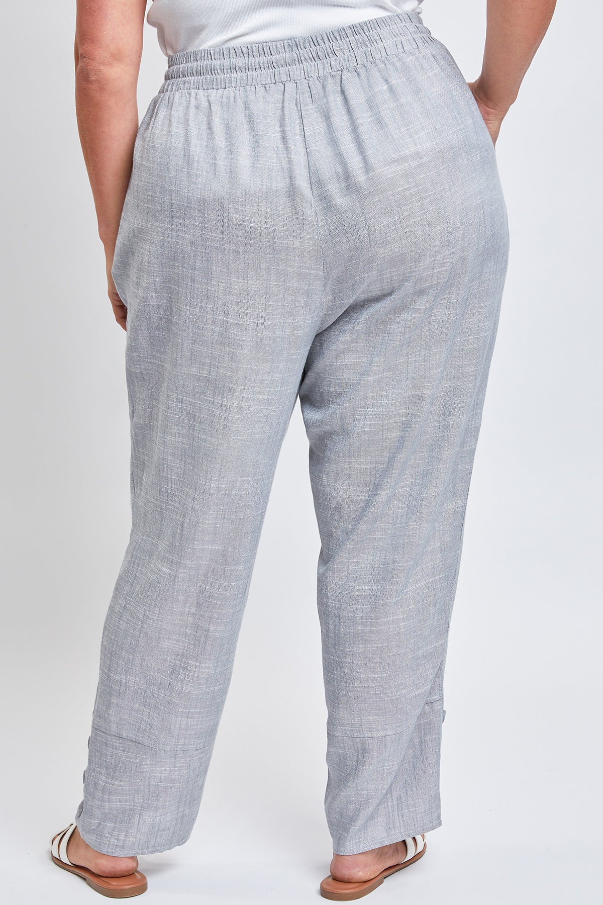Women's Plus Size Button Hem Linen Flood Pants