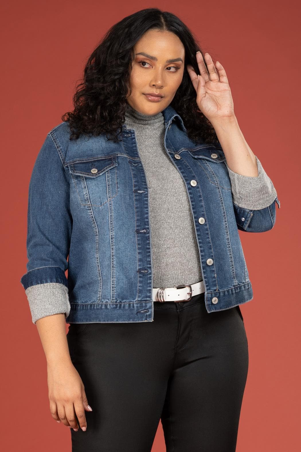 Women Plus Size Cropped Denim Jacket Xj69845