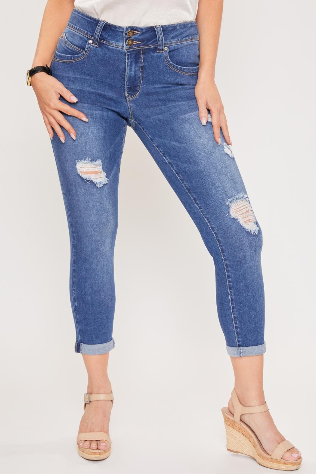 Women Petite Wannabettabutt Distressed 2 Button Cuffed Ankle Jean With Recycled Fibers Pp58951N