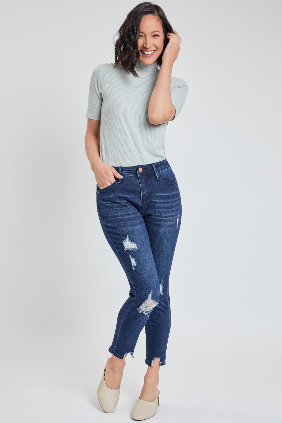Women High Rise Ankle Jean With Destructed Hem Wp63019