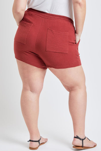 Women Plus Size Double Gauze Shorts With Porkchop Pockets And Tassel Drawstring Xs2653Dg