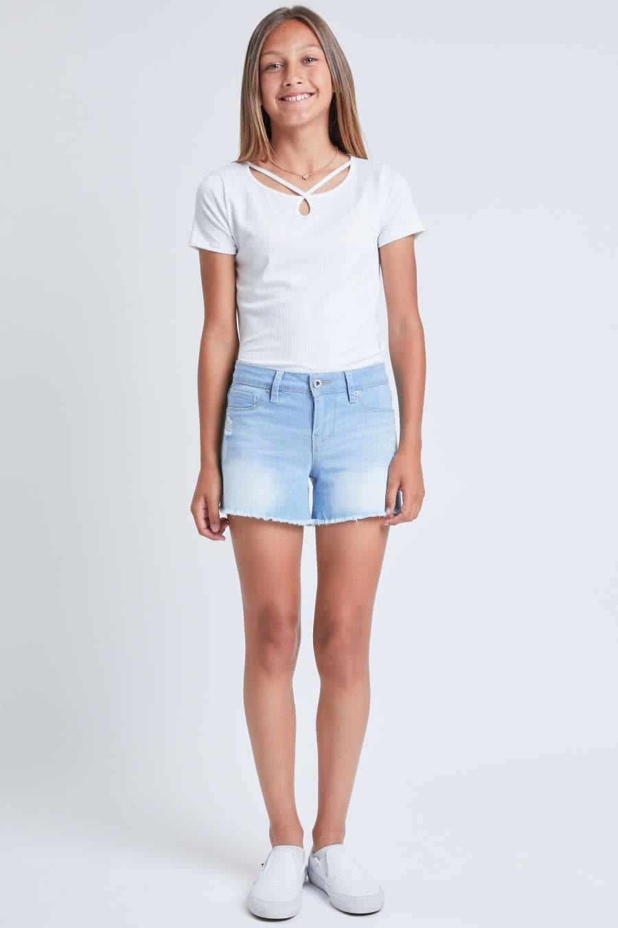 Girls Basic 1-Button Fray Hem Shorts from YMI