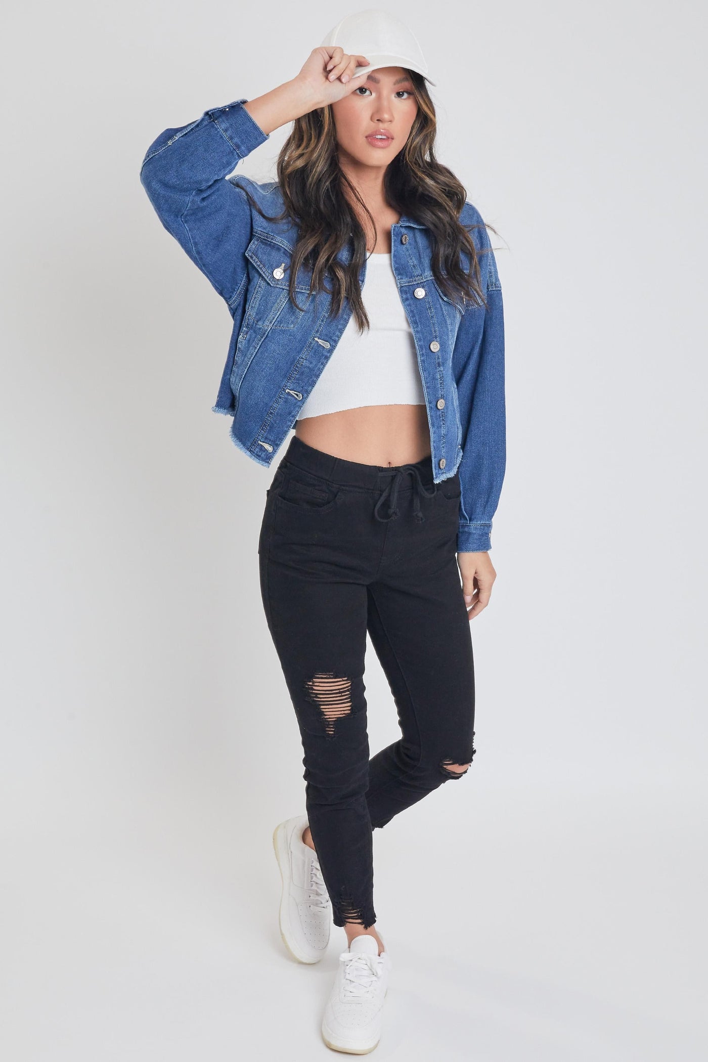 Cropped Denim Jacket With Raw Hem from YMI