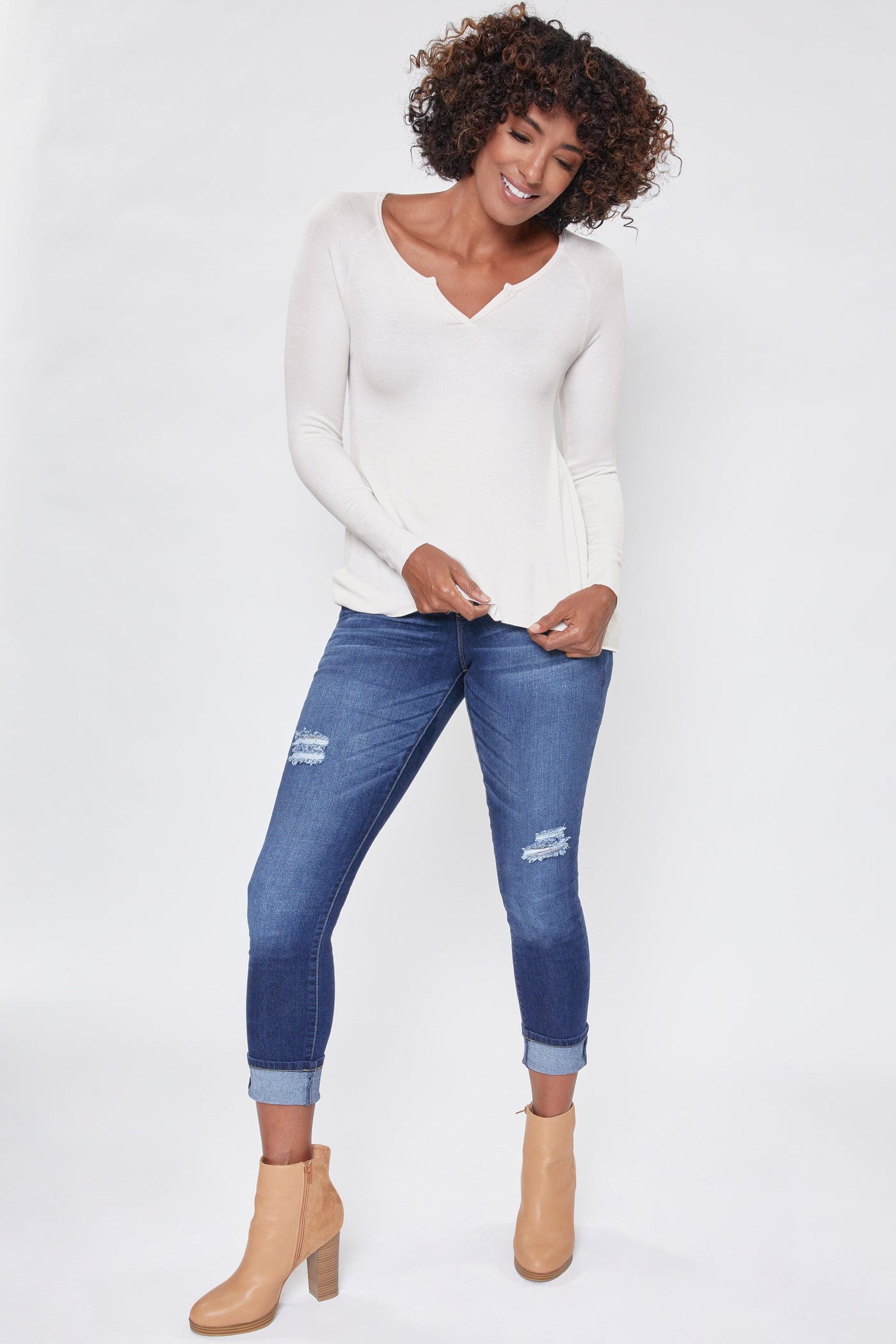 Women's Long Sleeve Ribbed Tee With Notched Collar Deal-Sale