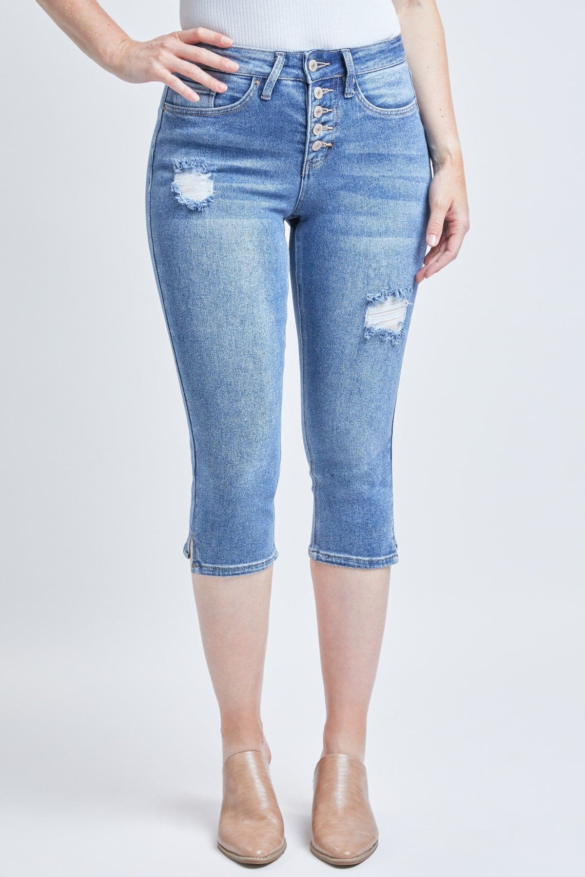 Women Vintage Exposed Button Capri Jeans With Side Slit Hem