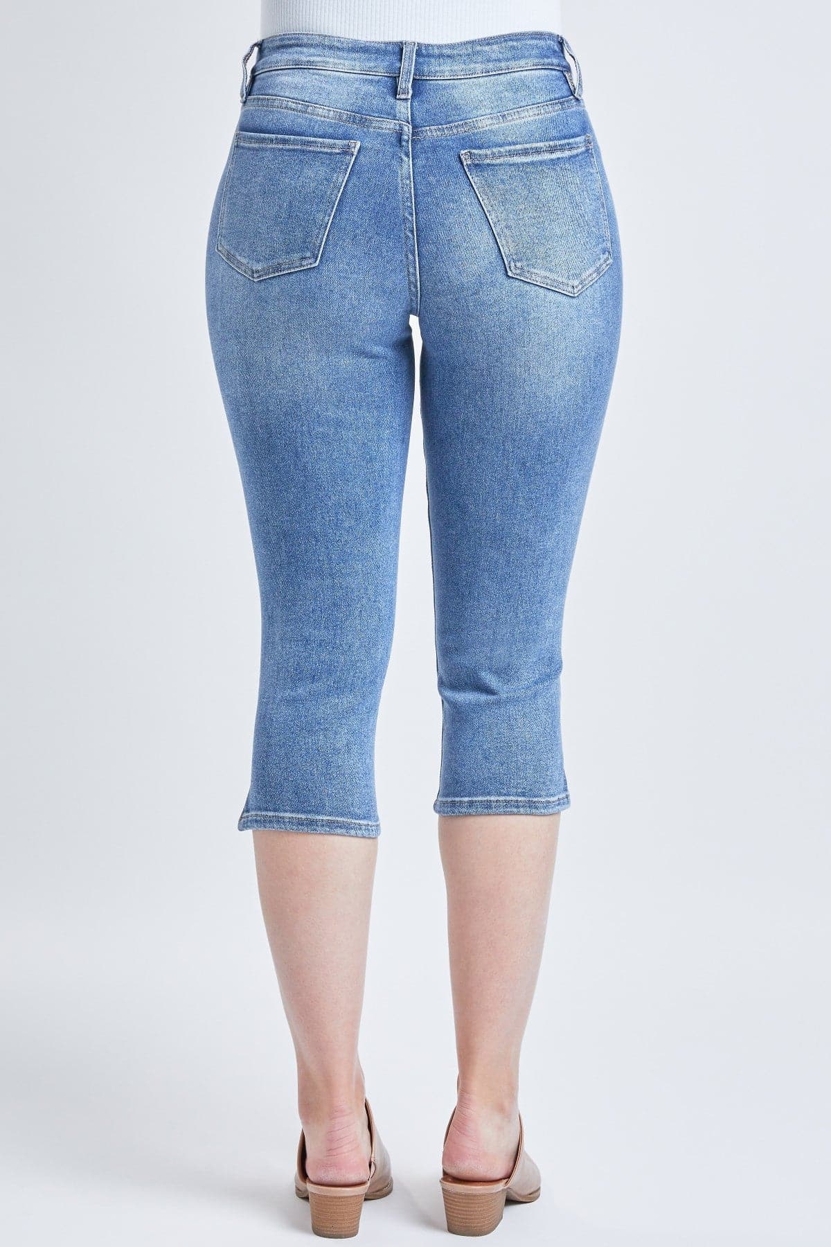 Women Vintage Exposed Button Capri Jeans With Side Slit Hem