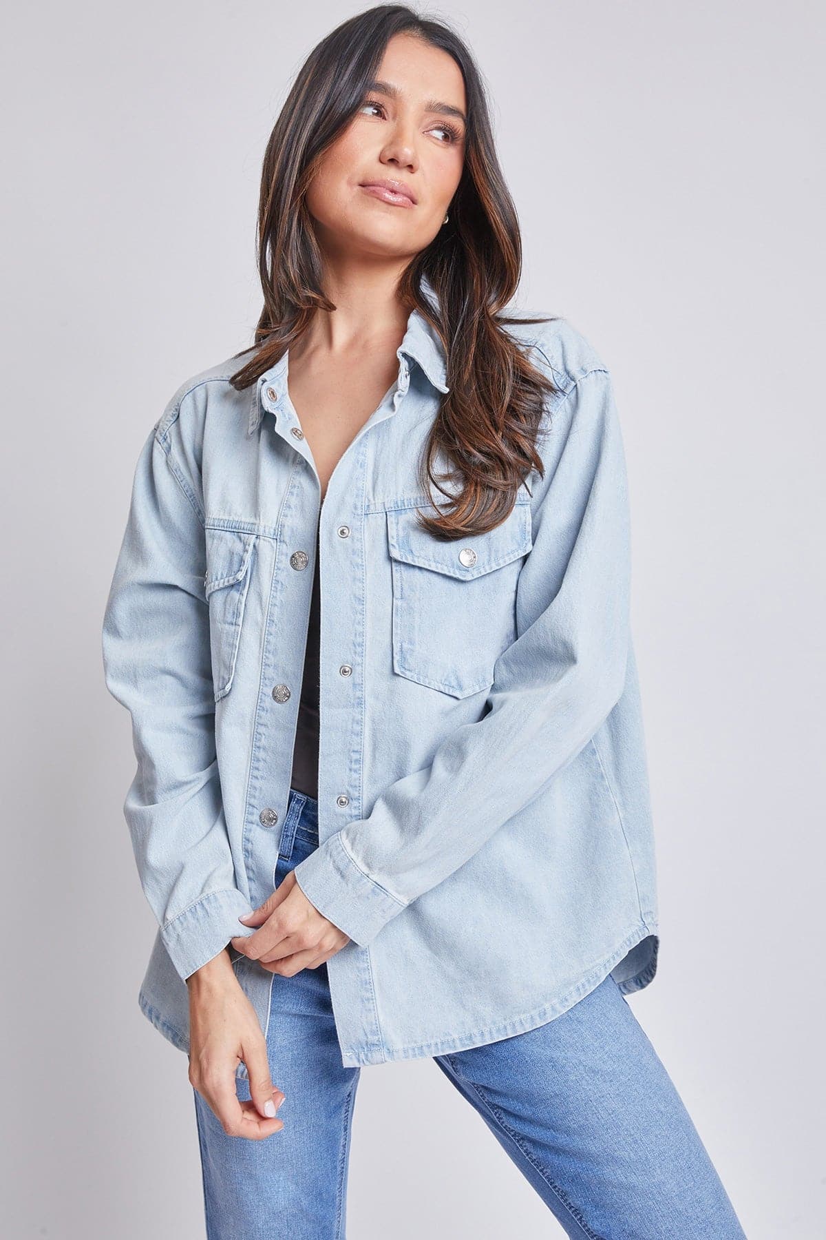 Women’s Denim Shacket with Flap Front Pockets