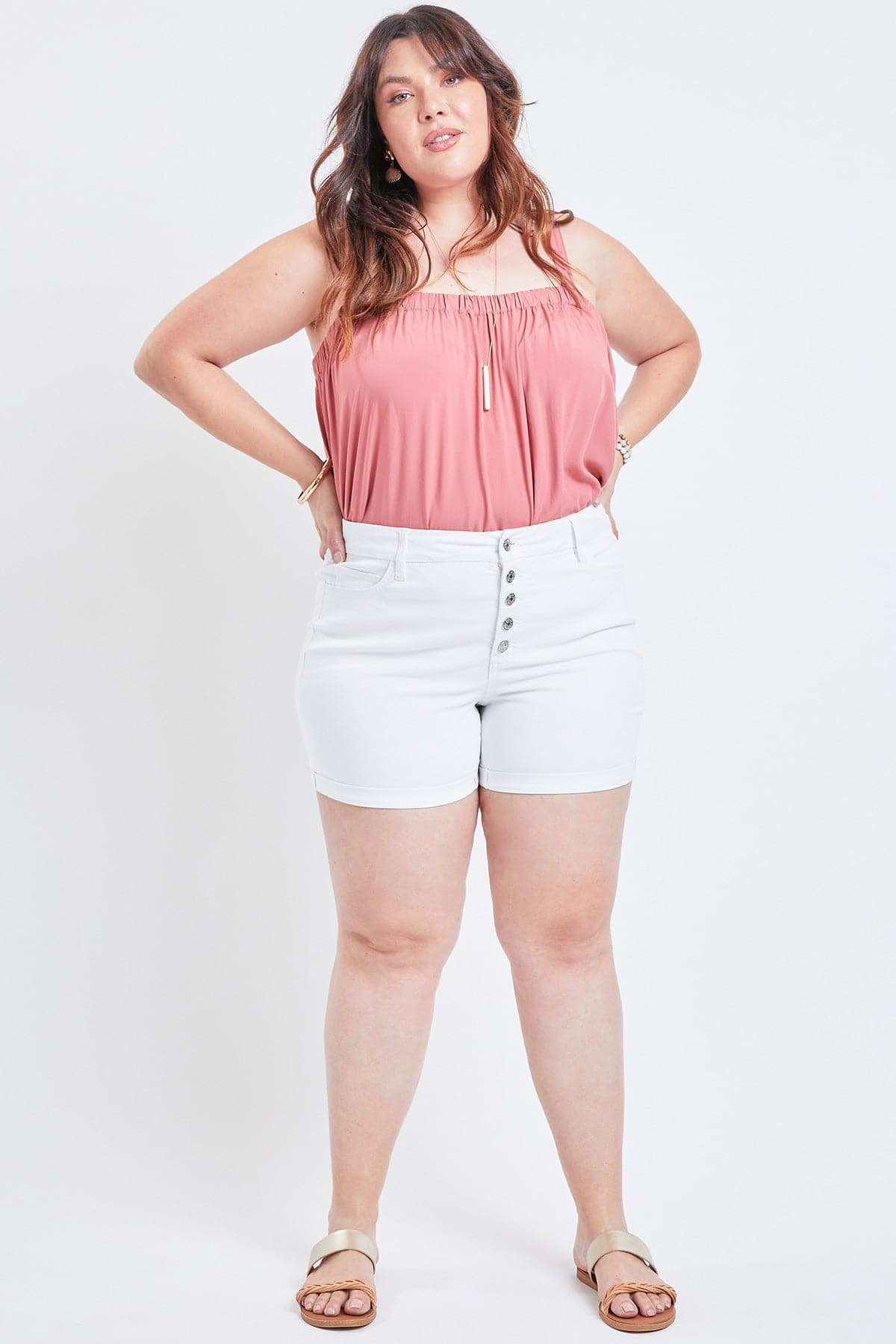 Women's Plus Size Curvy Fit High Rise Button Fly Cuffed Shorts