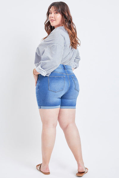 Women's Plus Size Curvy Fit High Rise Button Fly Cuffed Shorts