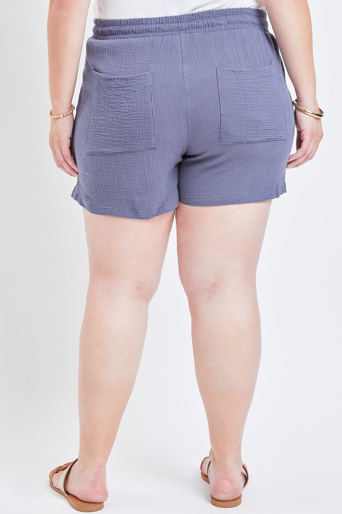 Women Plus Size Double Gauze Shorts With Porkchop Pockets And Tassel Drawstring Xs2653Dg